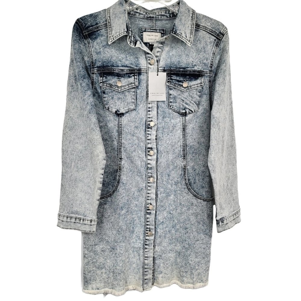 Uniq Litz Dress Small Acid Wash Denim Fringe Stretch Pockets Long Sleeve NWT‎